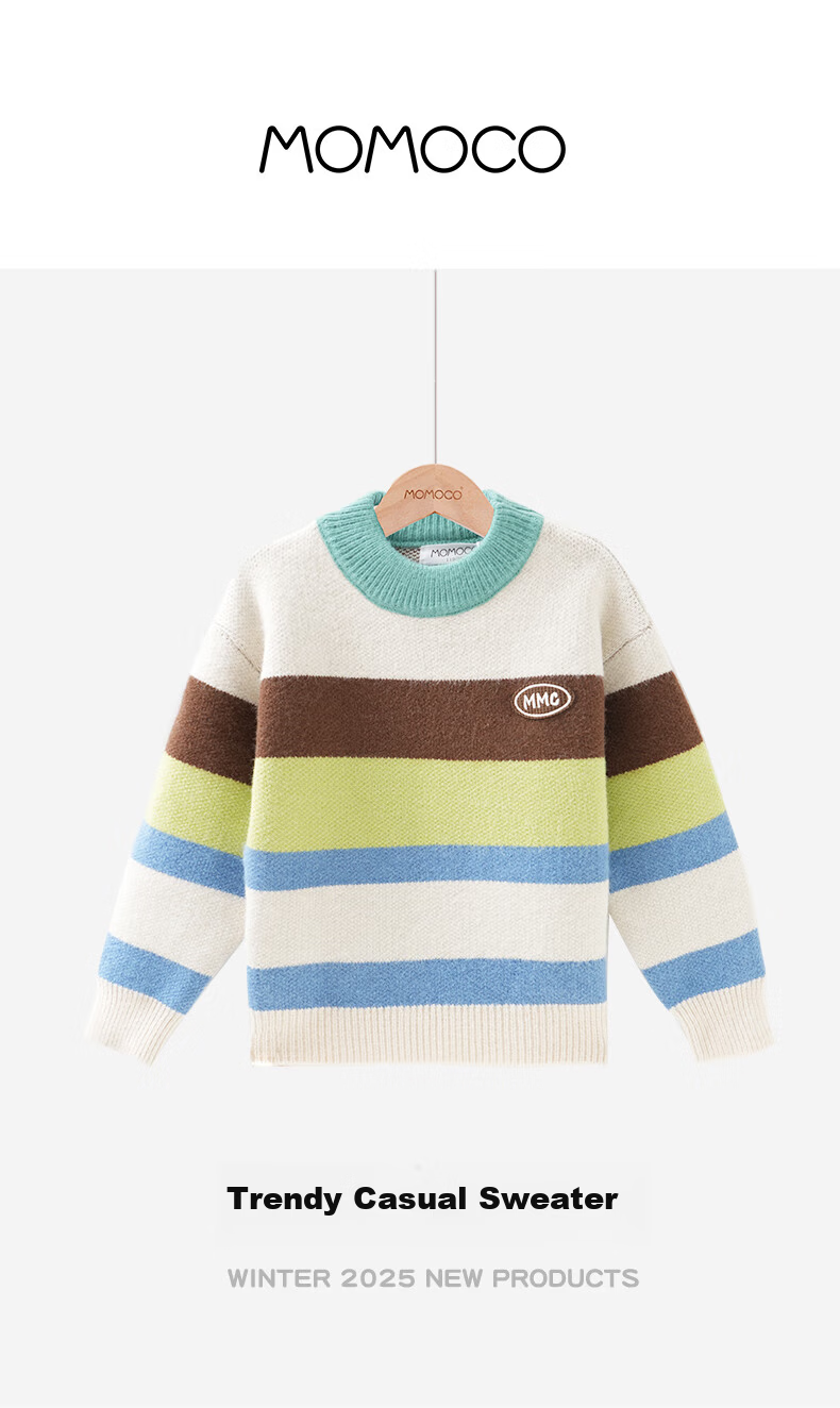 MOMOCO Boys' Sweater 2025 Winter Kids' Trendy Casual Striped Sweater Size 105 1
