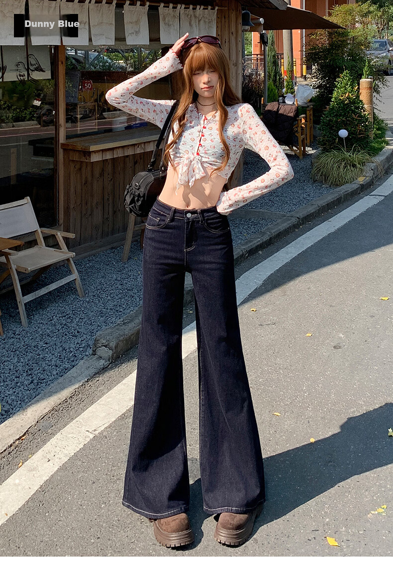 Jeanswest Women's Summer High-Waist Slimming Wide-Leg Casual Flowy Bootcut Jeans Dark Blue XL 20