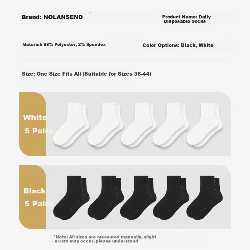 NolansenDi Disposable Socks Unisex Daily Use Mid-Calf 10A Antibacterial Breathable Sweat-Absorbing Travel Wash-Free Black 20 Pairs