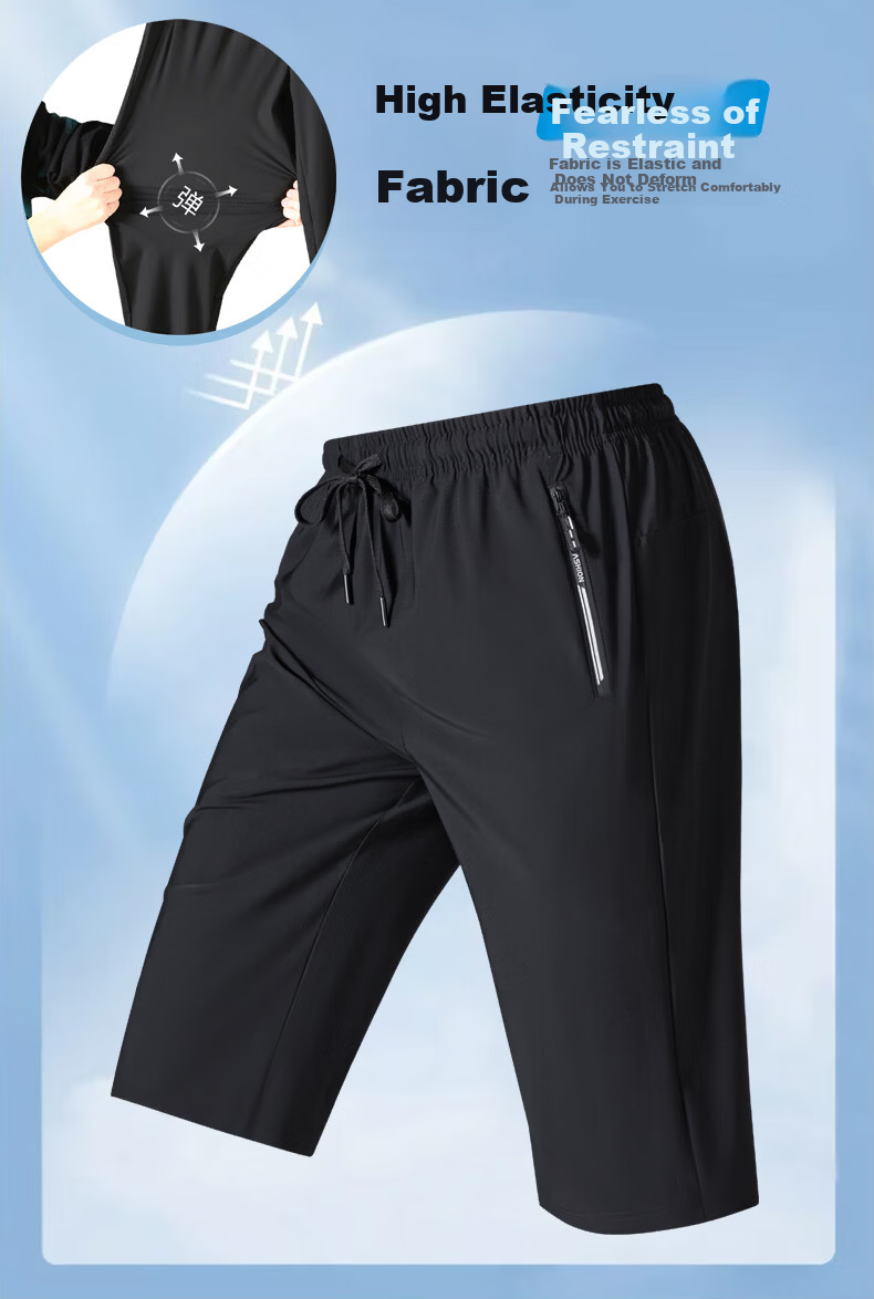 JEEP SPIRIT Men's Casual Summer Ice Silk Quick-Dry Thin Loose Fit Cropped Pants 9877 Black 2XL 4