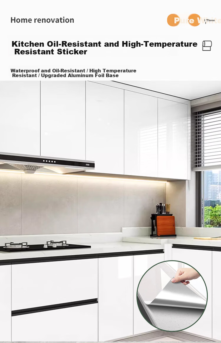 Qinghua Kitchen Oil-Proof Sticker Countertop Protective Film High-Temperature Resistant Wall Sticker Aluminum-Coated Wallpaper Golden White 60x300cm 3