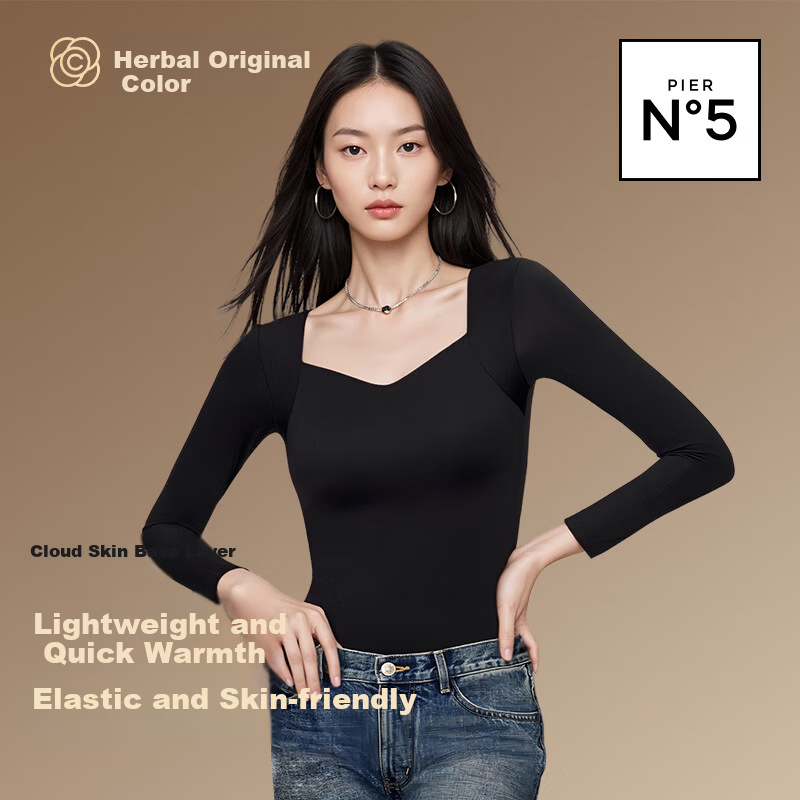 Herbal Original Thermal Autumn Shirt for Women with Chest Pad, Skin-Friendly Base Layer, Double-Sided Brushed Heat-Generating Long Sleeve Top for Fall and Winter