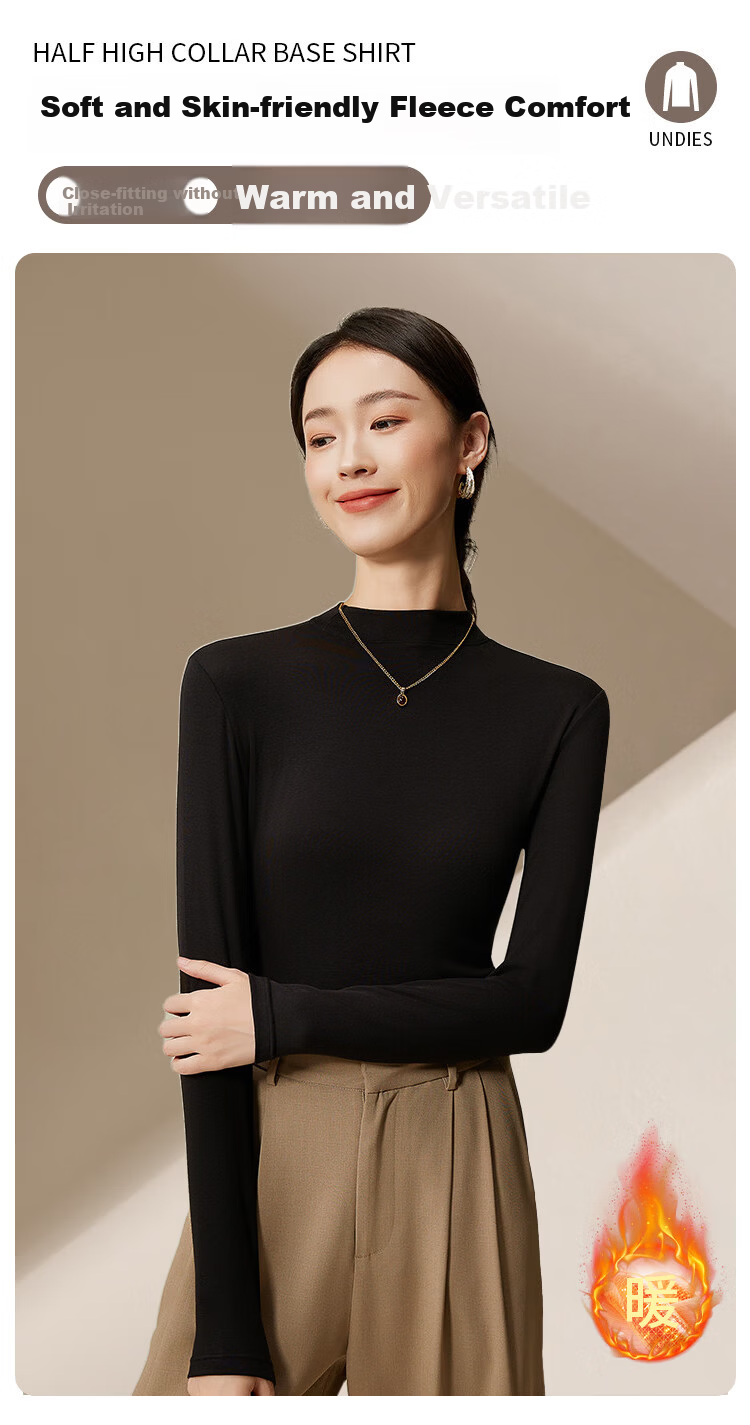 MiiOW Women's Half Turtleneck Base Shirt 2025 New Fleece Thickened Autumn Winter Black Long Sleeve Knit Top 2