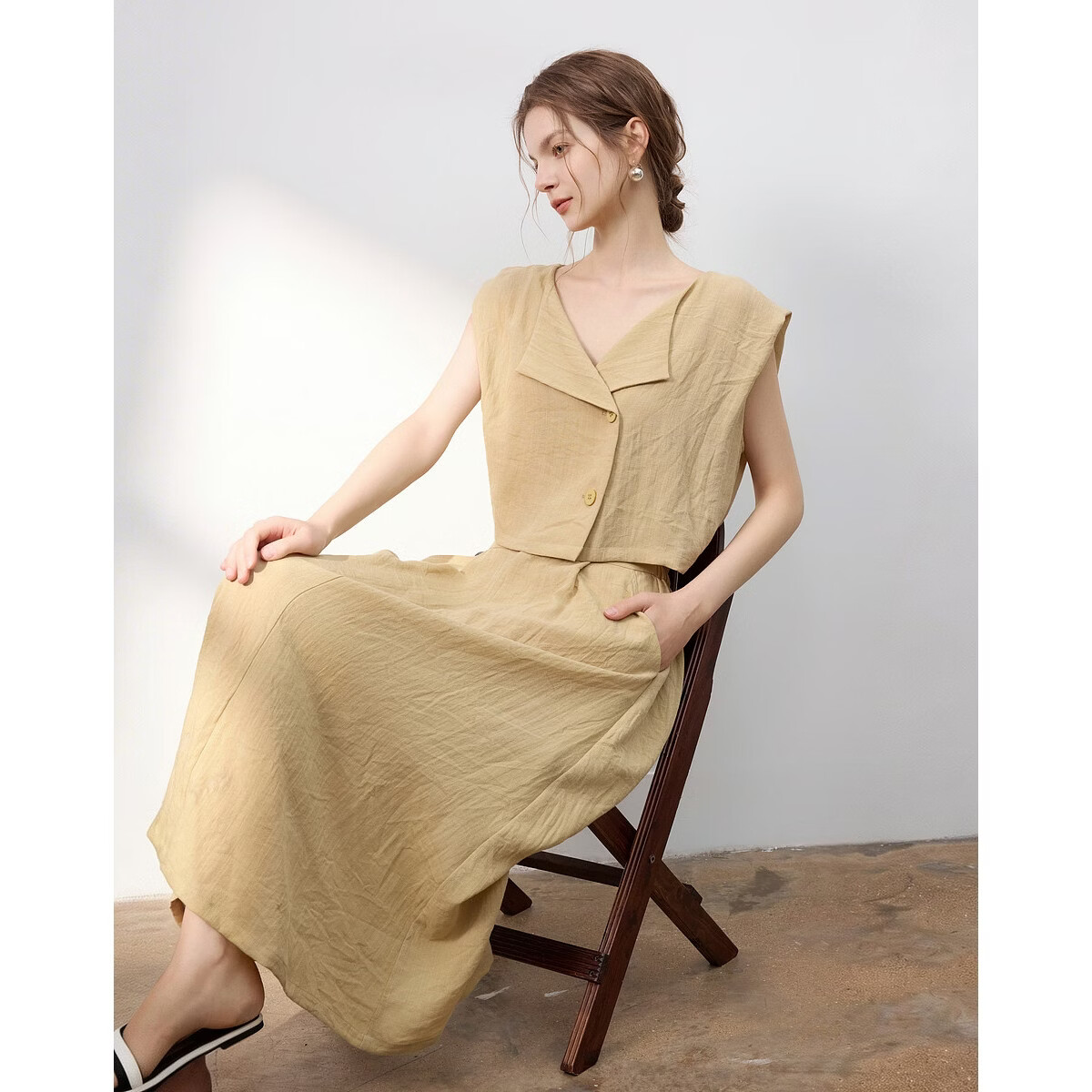 Demana Elegant Workplace Summer Fake Two-Piece Irregular Half-Placket Sleeveless Waist-Slimming Mid-Length Dress for Women