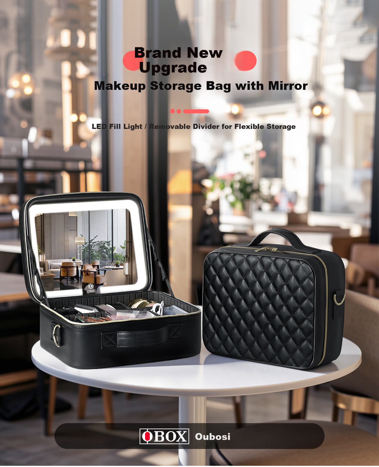 OBOX LED Lighted Makeup Bag with Mirror Large Capacity [Plaid Style] Black 12-inch Makeup Bag 1
