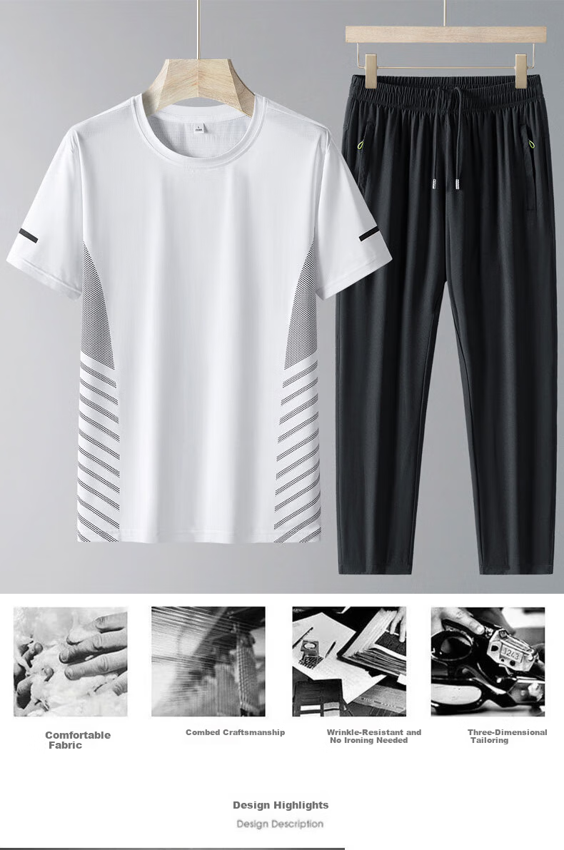 TUCANO Men's Summer Thin Ice Feeling Breathable Crew Neck T-Shirt and Casual Sports Pants Two-Piece Set Black XL 7