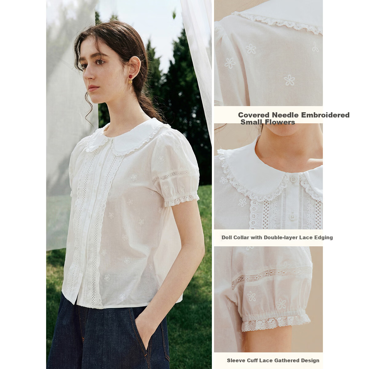 INMAN INMAN [Runway Style] Puff Sleeve Lace Peter Pan Collar Blouse, Summer 2026, Pure Cotton Short Sleeve, White, Size L