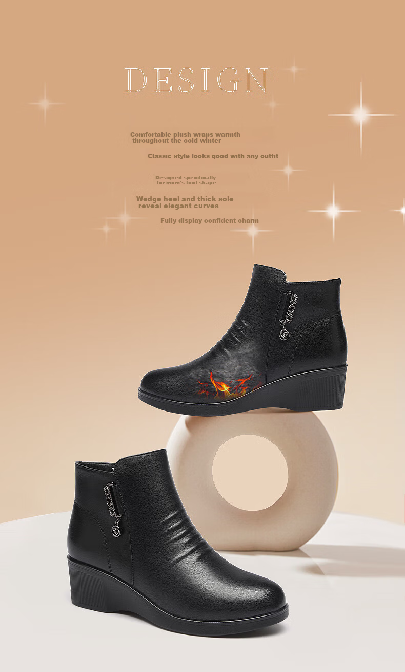 Red Dragonfly Women's Short Boots Fleece Lined Thickened Mid-Aged Cotton Wedge Heel Mom Boots WTC443021C Black Size 35 2