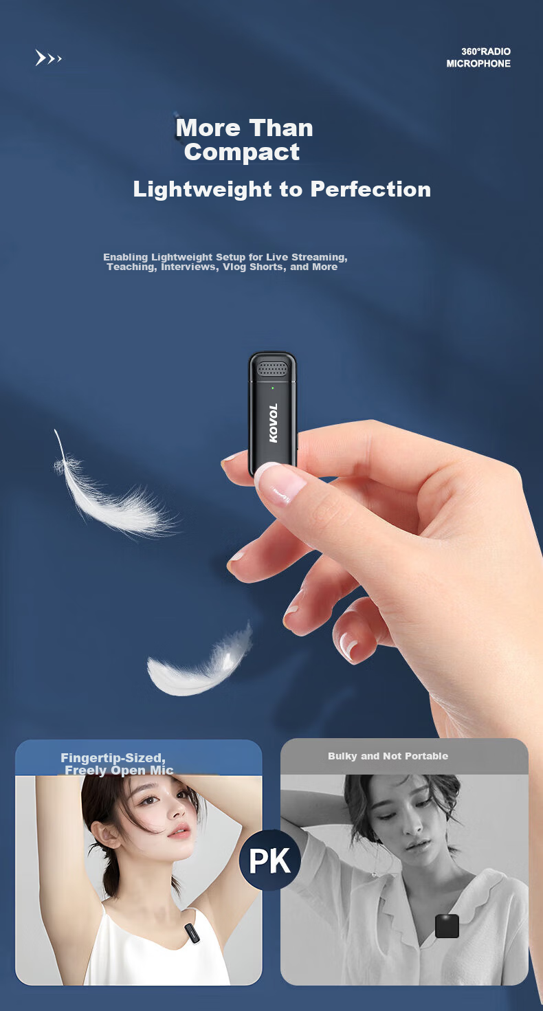 KOVOL [Ultra-Long Battery Life] Wireless Lavalier Microphone for Live Streaming, Short Video Recording, Outdoor Noise Reduction, Karaoke, And Audio Recording, Professional Microphone with One Transmitter And One Receiver, Compatible with Apple And Android Devices 5