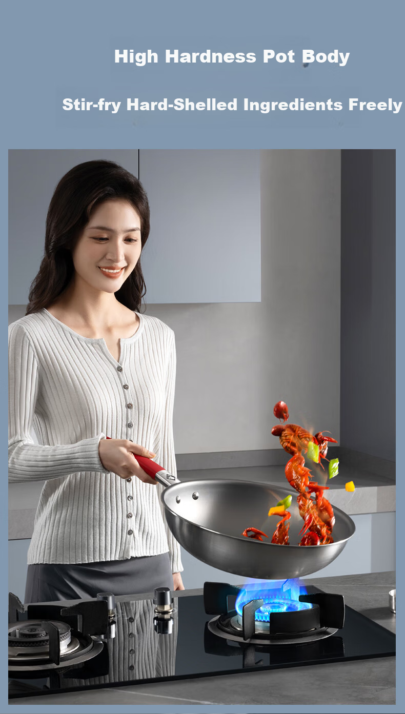 KOBACH 32cm Titanium Non-Coated Non-Stick Wok 316L Stainless Steel Stir-Fry Pan Compatible with Stove 17