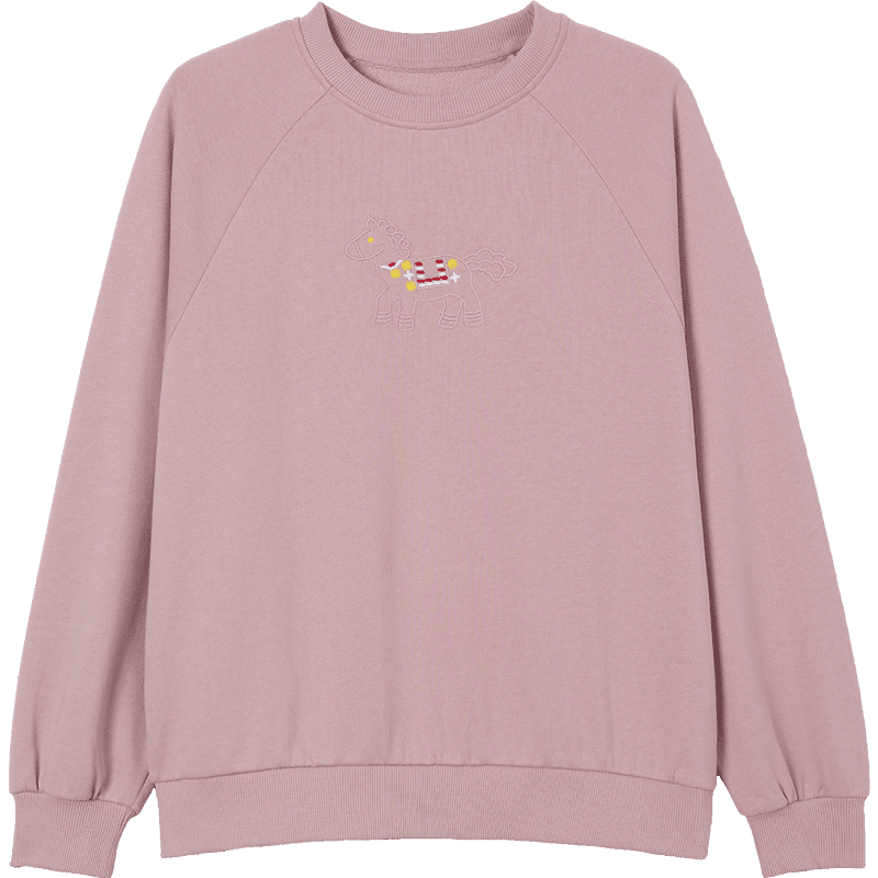 Demana [Cloud Oxygen Cotton Series] Summer Heavywork Pony Embroidery Crew Neck Long Sleeve Slim Fit Petite Sweatshirt for Women Premium Feel