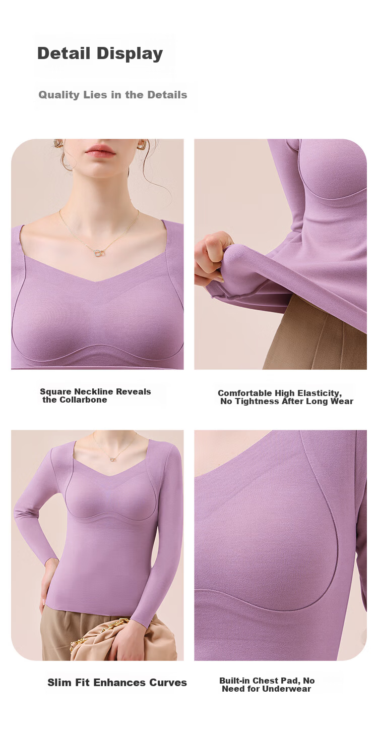 MiiOW Women's Cashmere Silk Thermal Underwear with Chest Pad, Autumn Slim Fit Base Shirt, Nude Color 11