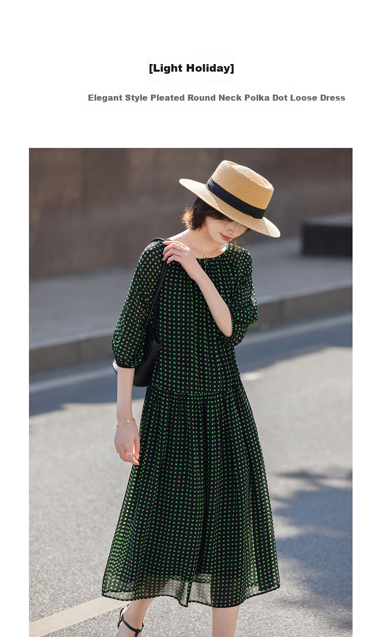 Demana Lightweight Holiday Summer Elegant Pleated Round Neck Polka Dot Loose Slimming Concealing Dress for Women Premium Quality 3