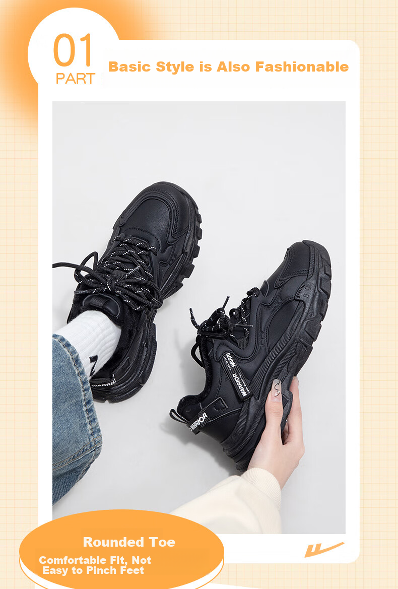 Warrior Official Women's Dad Sneakers 2026 Summer New Plush Warm Versatile Cotton Shoes Black Size 40 3