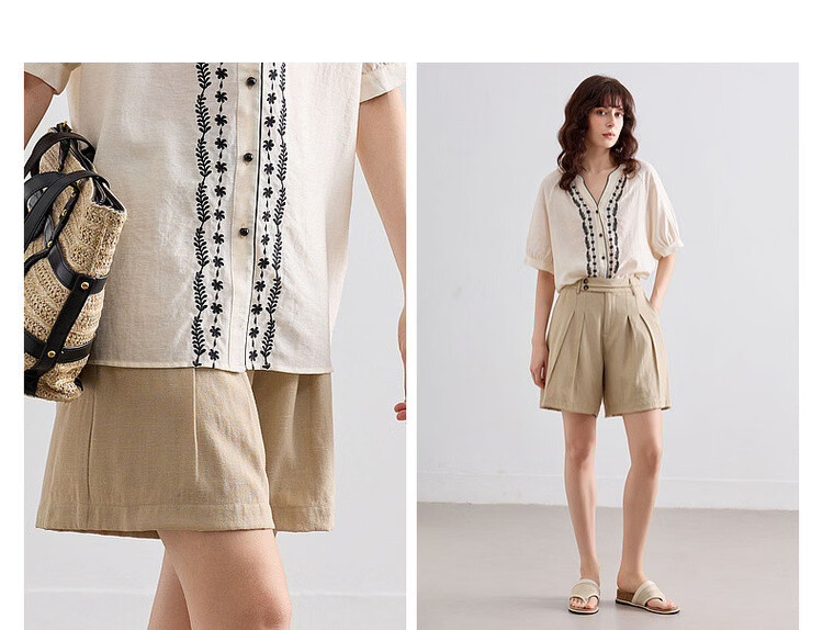 Demana Breathable Linen Feel Summer Commuter Wide-Leg Pleated Two-Button Loose Slimming Women's Casual Shorts 5