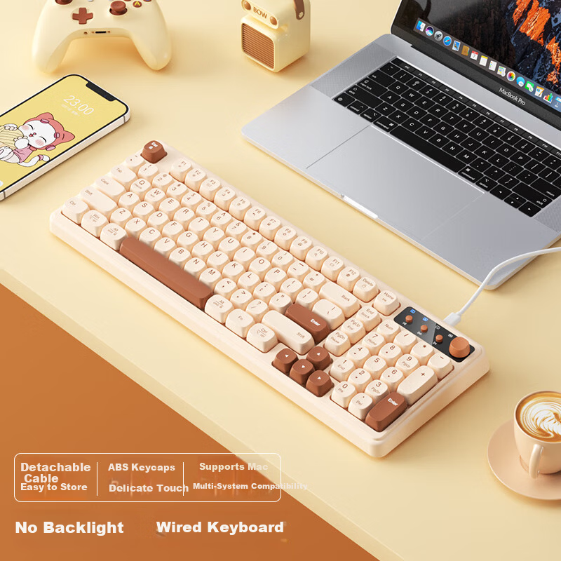B.O.W Hangshi K520U Mechanical Feel Wired Keyboard 98 Keys Gaming Office Typing Laptop Desktop Universal Keyboard Milk Coffee Color