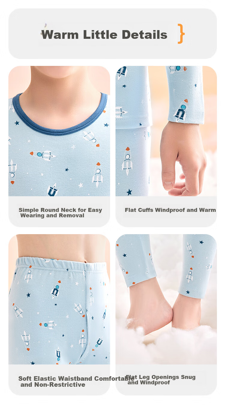 Hodohome Kids Girls Cotton Antibacterial Thin Thermal Underwear Set 7A Round Neck Printed Warm Pajamas 108 150 12