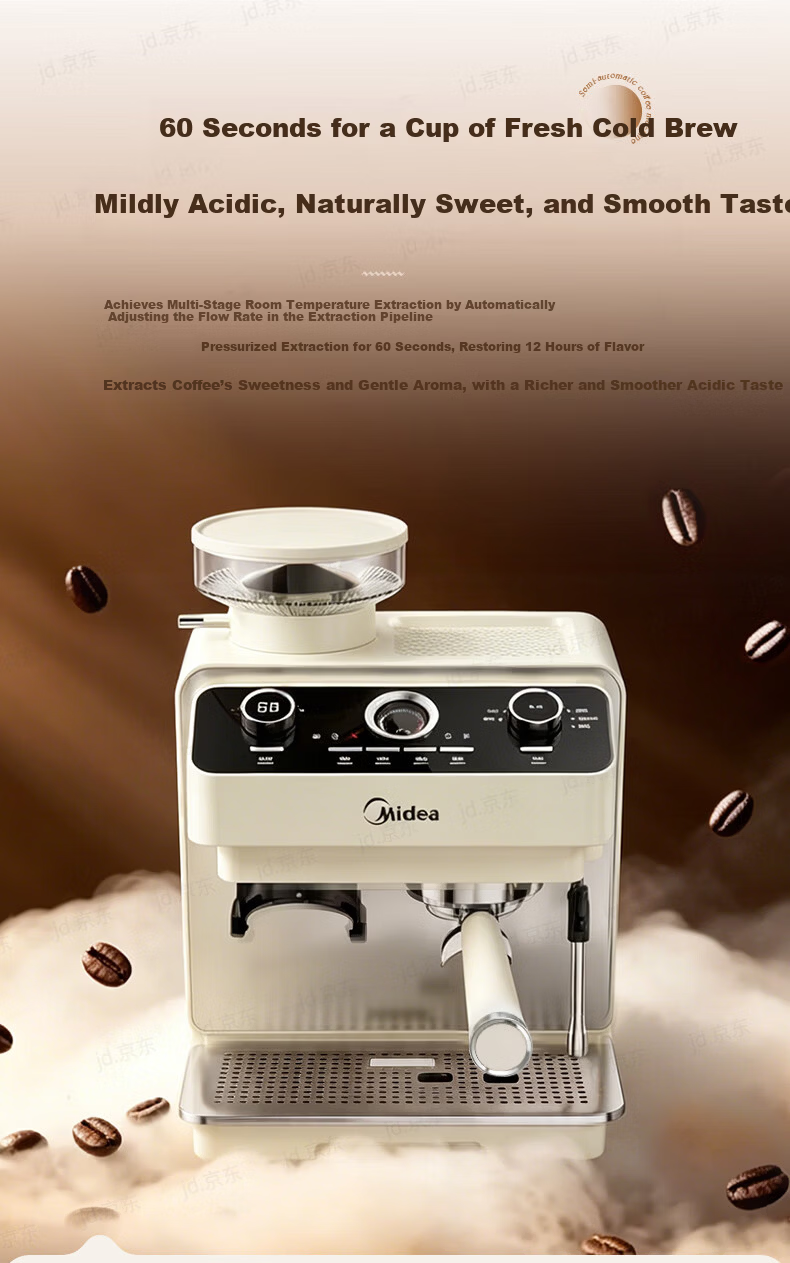 Midea Semi-Automatic Coffee Machine, Cold And Hot Three-Infusion Fully Automatic Grinder All-In Machine, Home Use Bean Grinder, Italian Espresso, Visible Pressure Gauge, GE5810 4
