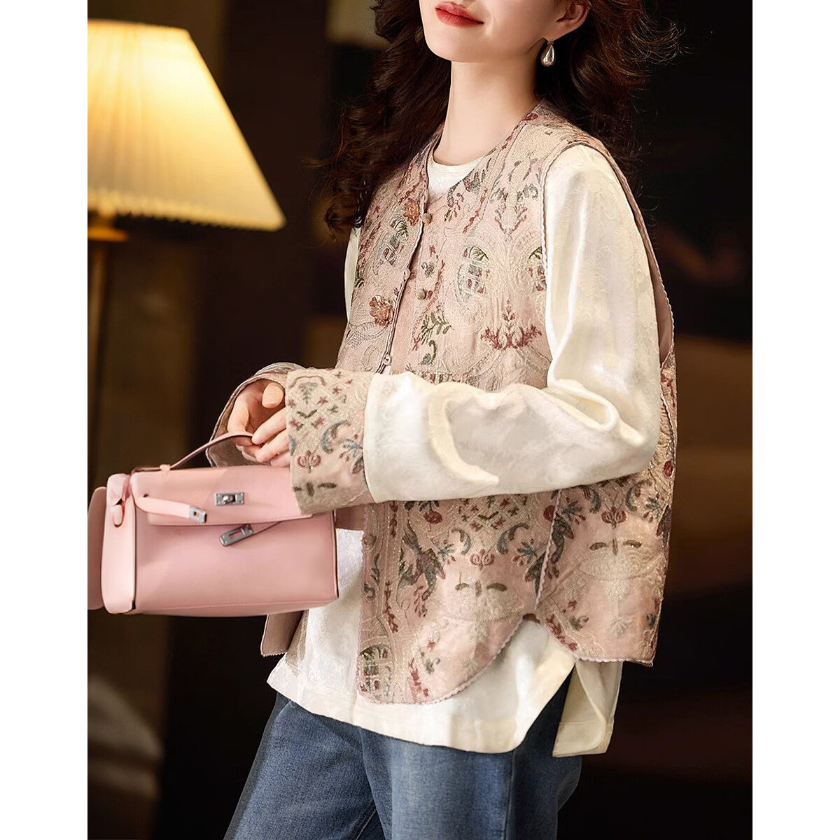 Demana Oriental Socialite Summer National Style New Chinese Round Neck Printed Sleeveless Floral Placket Slim Vest for Women Premium