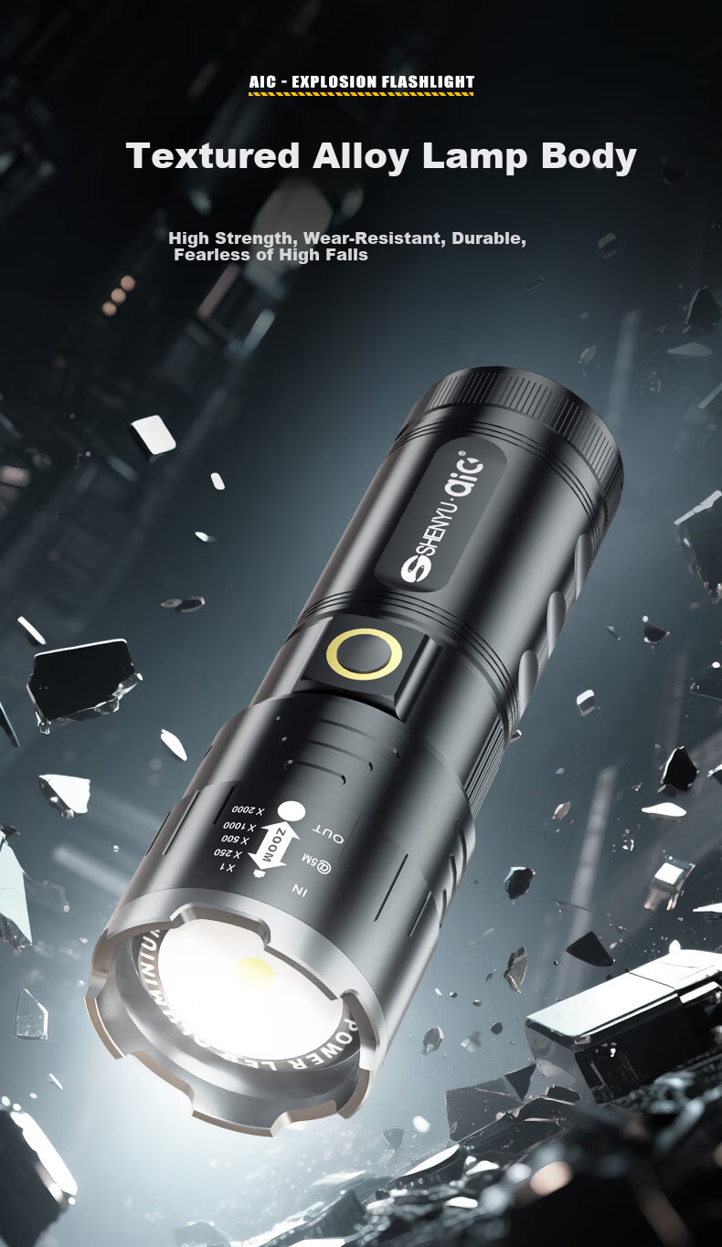 AIC High-Power Zoomable Flashlight Long-Range Outdoor Laser Super Bright Rechargeable Emergency Lighting 12