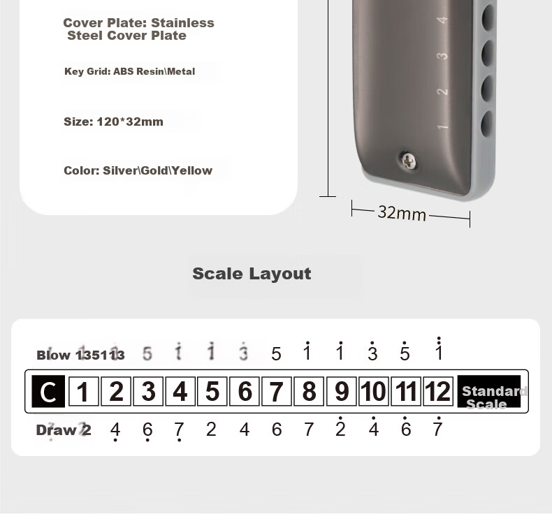 KONGSHENG 12-Hole C Key Full Scale Blues Harmonica Beginner Entry-Level Children Adult Professional EZ-12 Silver 14