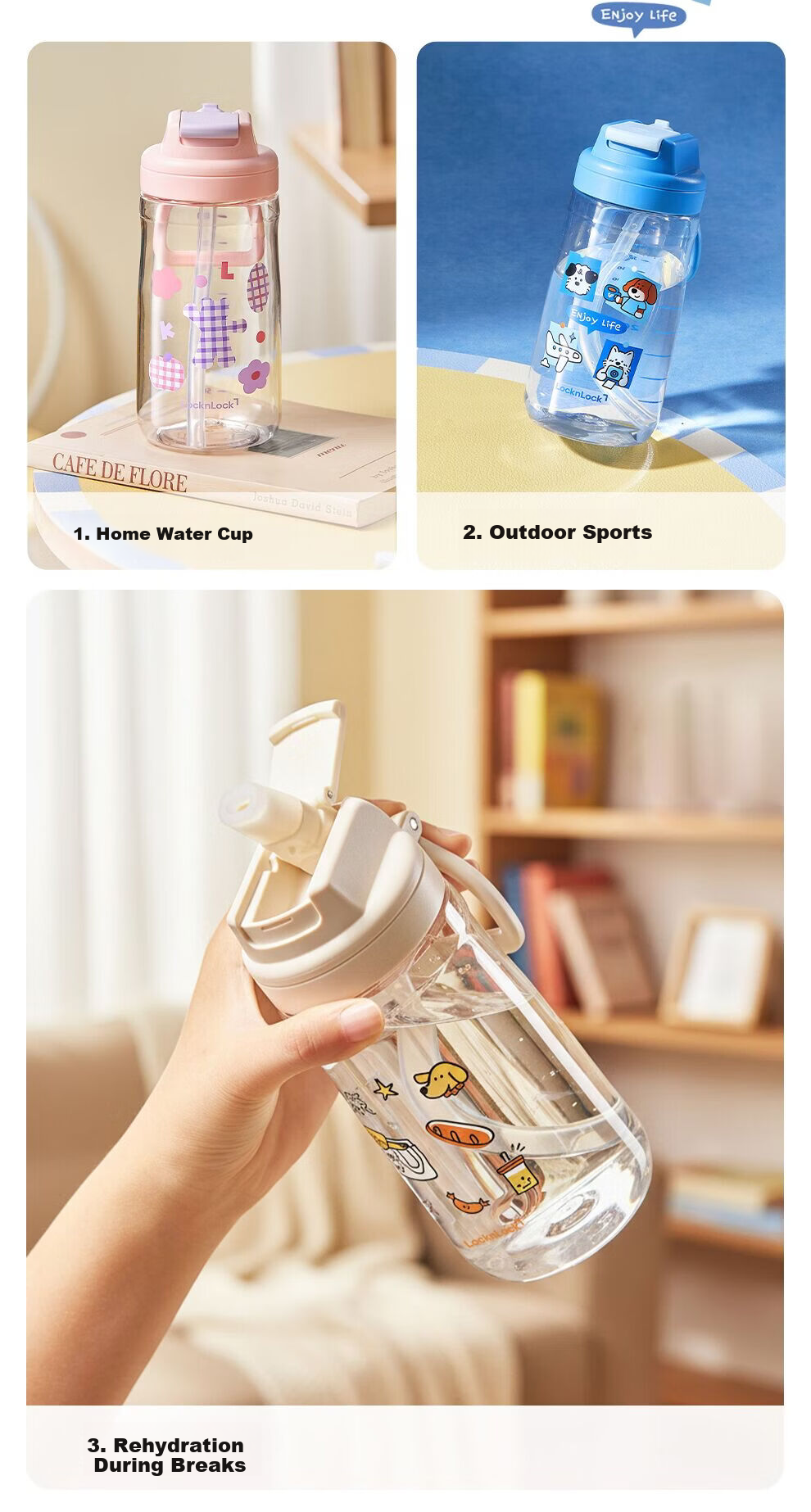 Lock&Lock Kids Water Bottle 6-12 Years Summer Straw Cup Student School Portable Tritan Bottle 11