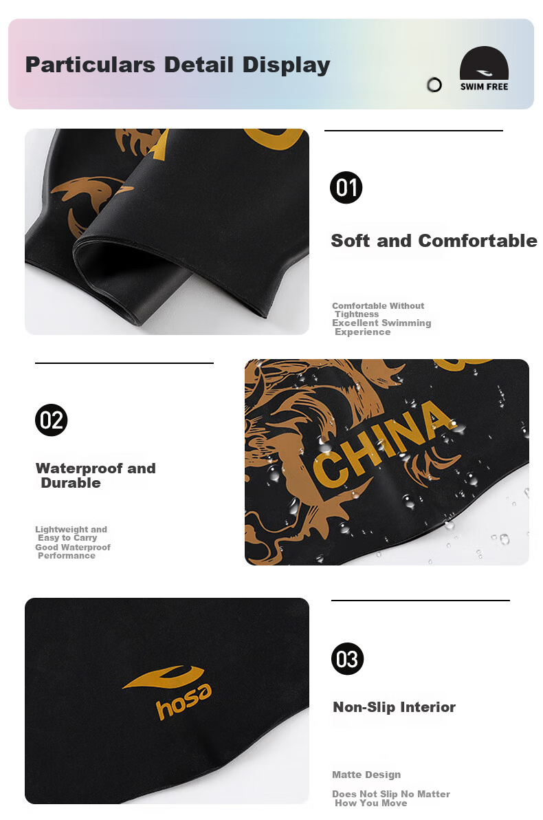 Hosa National Trend Silicone Swim Cap Adult Non-Slip High Elastic Ear Protection Training Competition Children's Chinese Style Swim Cap Black 10