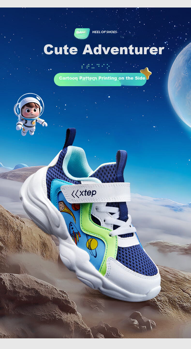 XTEP Kids Mesh Cartoon Element Sports Shoes Non-Slip Sole Boys Casual Shoes Deep Blue/Classic White Size 28 6