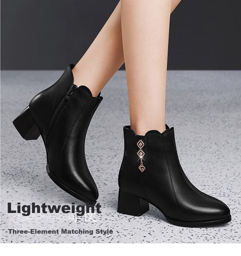 FUGUINIAO Genuine Leather Cowhide Women's Ankle Boots Autumn Winter Fleece Lined Warm Pointed Toe Chunky Heel Fashion Boots Black Size 35 1