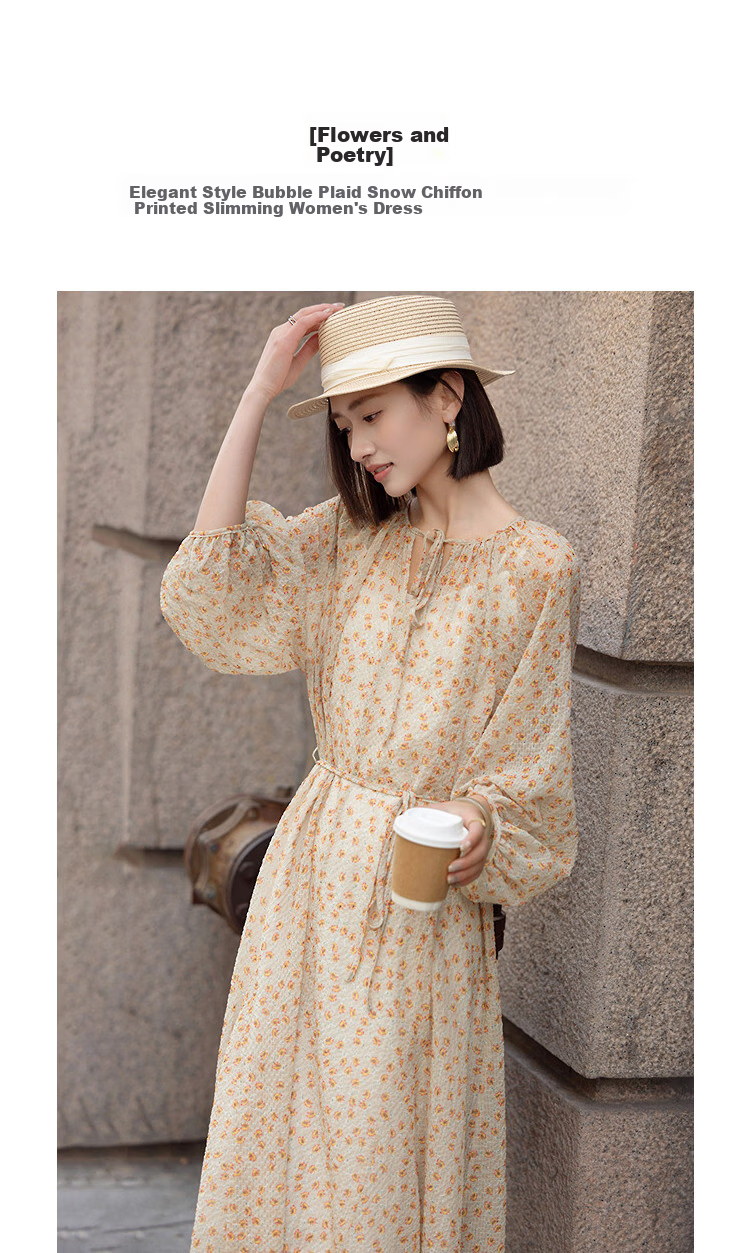 Demana [Flowers and Poetry] Spring Elegant Style Bubble Plaid Chiffon Printed Loose Slimming Dress for Women High-End Feel 5