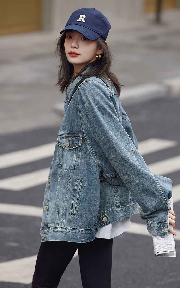 Dme [Danning Jiini] Spring And Autumn Vintage Commuter Distressed Lapel Loose-Fitting Petite Elegant Women's Denim Jacket 8