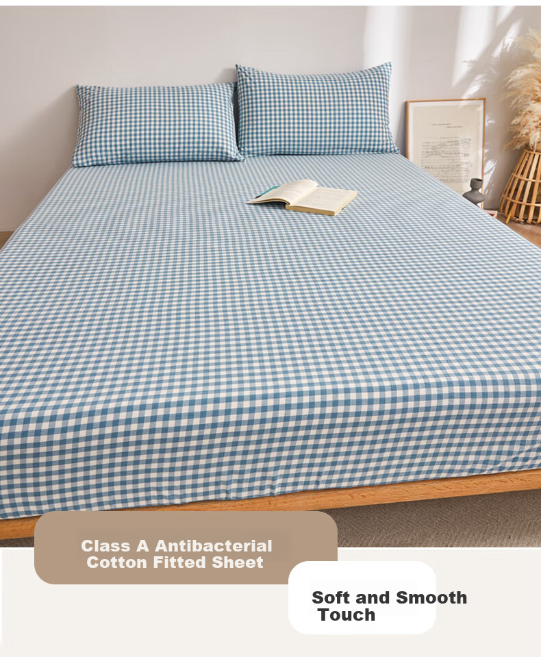 Wuyinliangpin Class A 100% Pure Cotton Fitted Sheet, Single Piece, 1.8x2 Meter Double Bed Cover, Protective Case, Full Coverage Fitted Sheet, Blue Small Check Patter 2