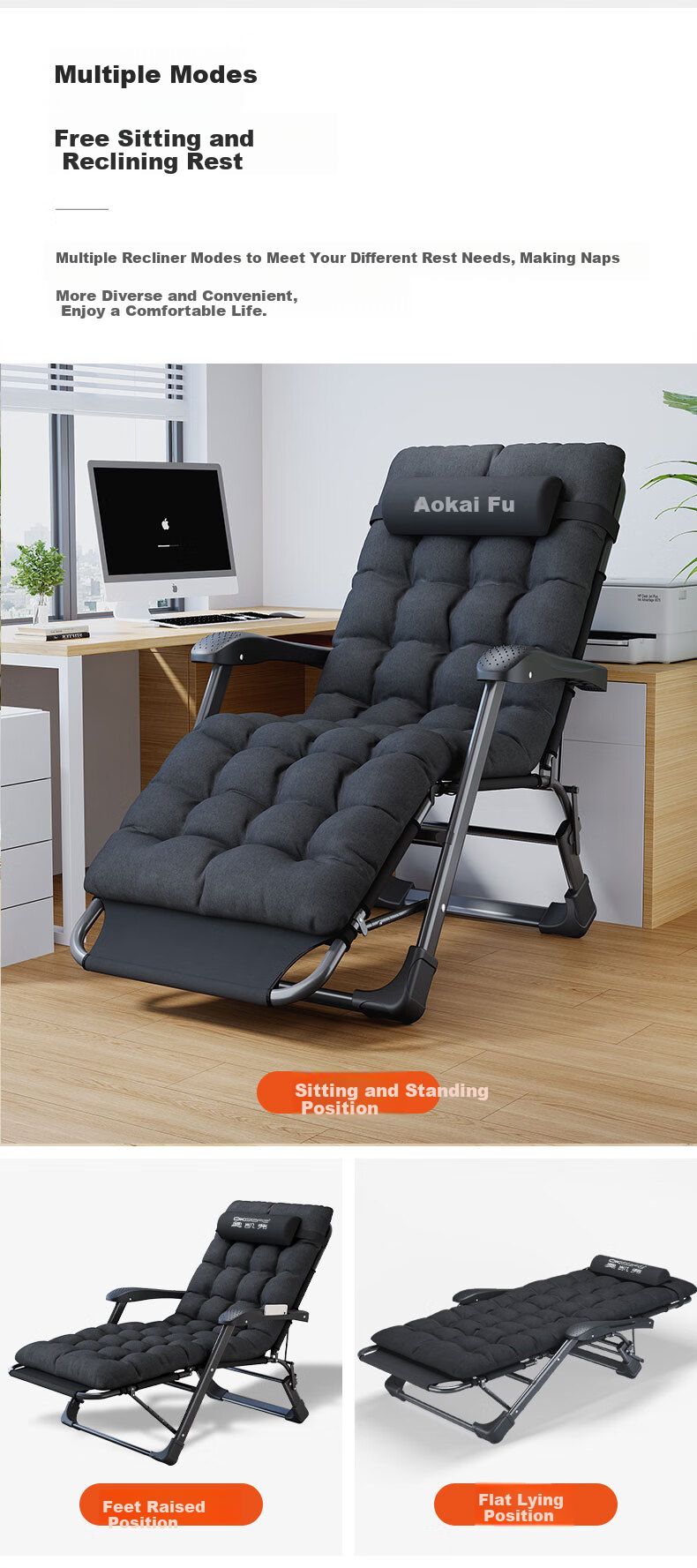 OKeefe Folding Bed Recliner Office Nap Chair Single Bed Nap Chair Care Bed Outdoor Camp Bed with Thickened Cotton Mat 7