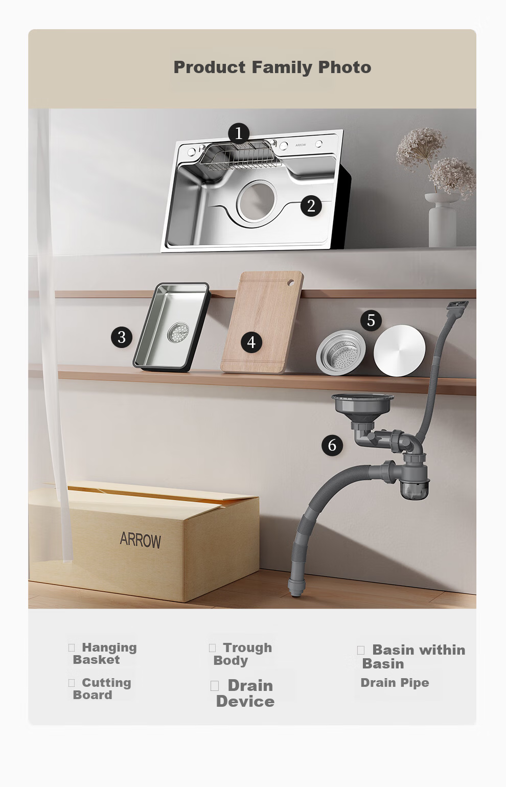 ARROW 304 Stainless Steel Sink, Large Single Basin, Japanese-Style Kitchen Sink for Washing Vegetables And Collecting Food Waste [New Subsidy of 15%] 42