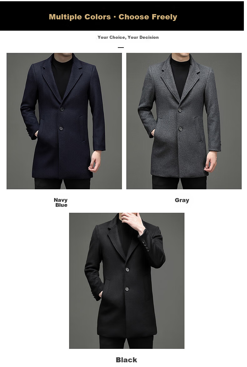 ROMON Men's Woolen Coat Casual Business Formal Wool Jacket LL1931 Black M 11