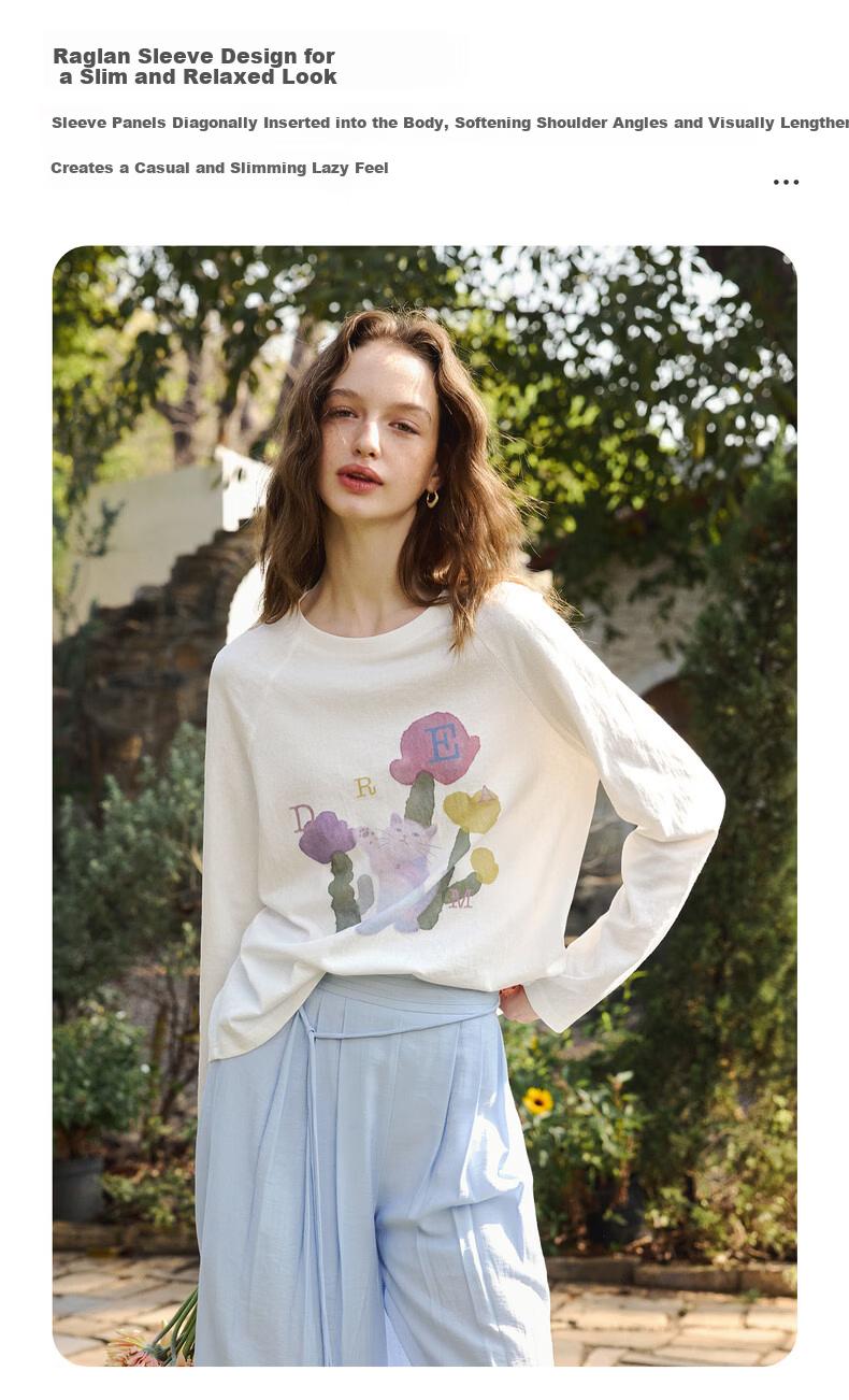 Olrain Casual Fun Cat Print Loose Long Sleeve T-Shirt Women Spring New Round Neck Top White S 8