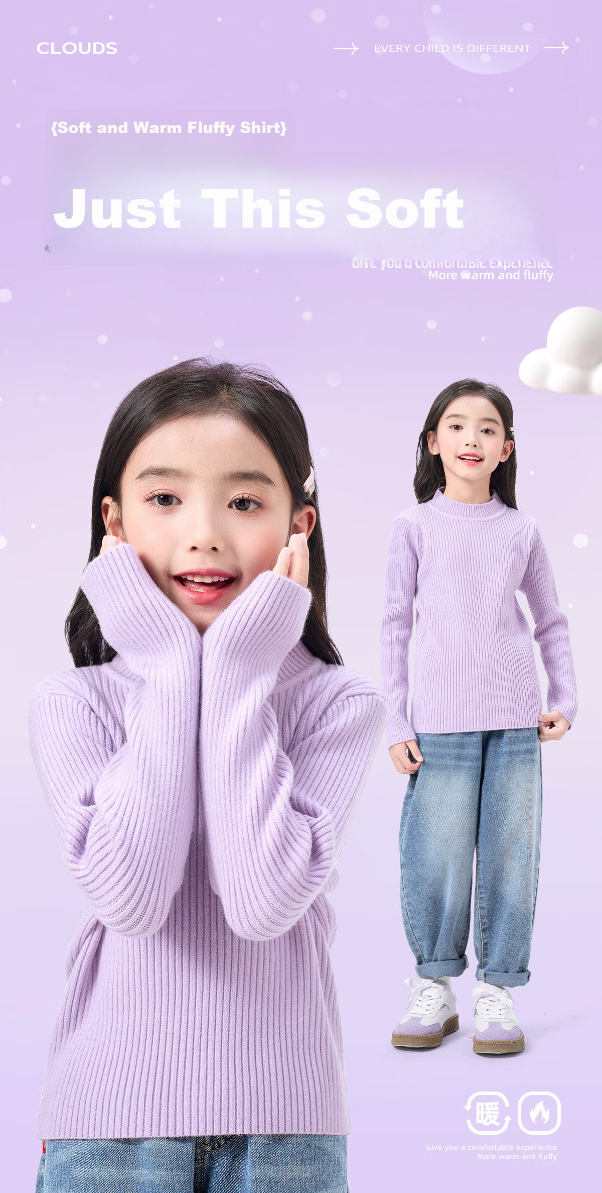 TonLion Girls Solid Color Base Shirt Autumn Winter New Thin Sweater Mid-Large Kids Warm Knitted Top Trendy White 140 2