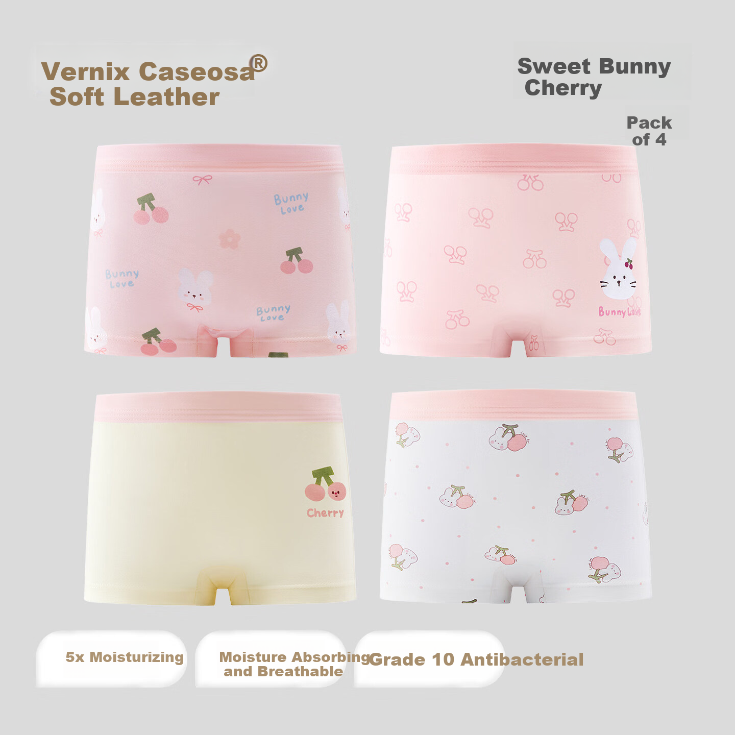 Beitais Fetal Sebum Skin Children's Cotton Breathable Short Boxer Underwear for Girls, 4-Pack