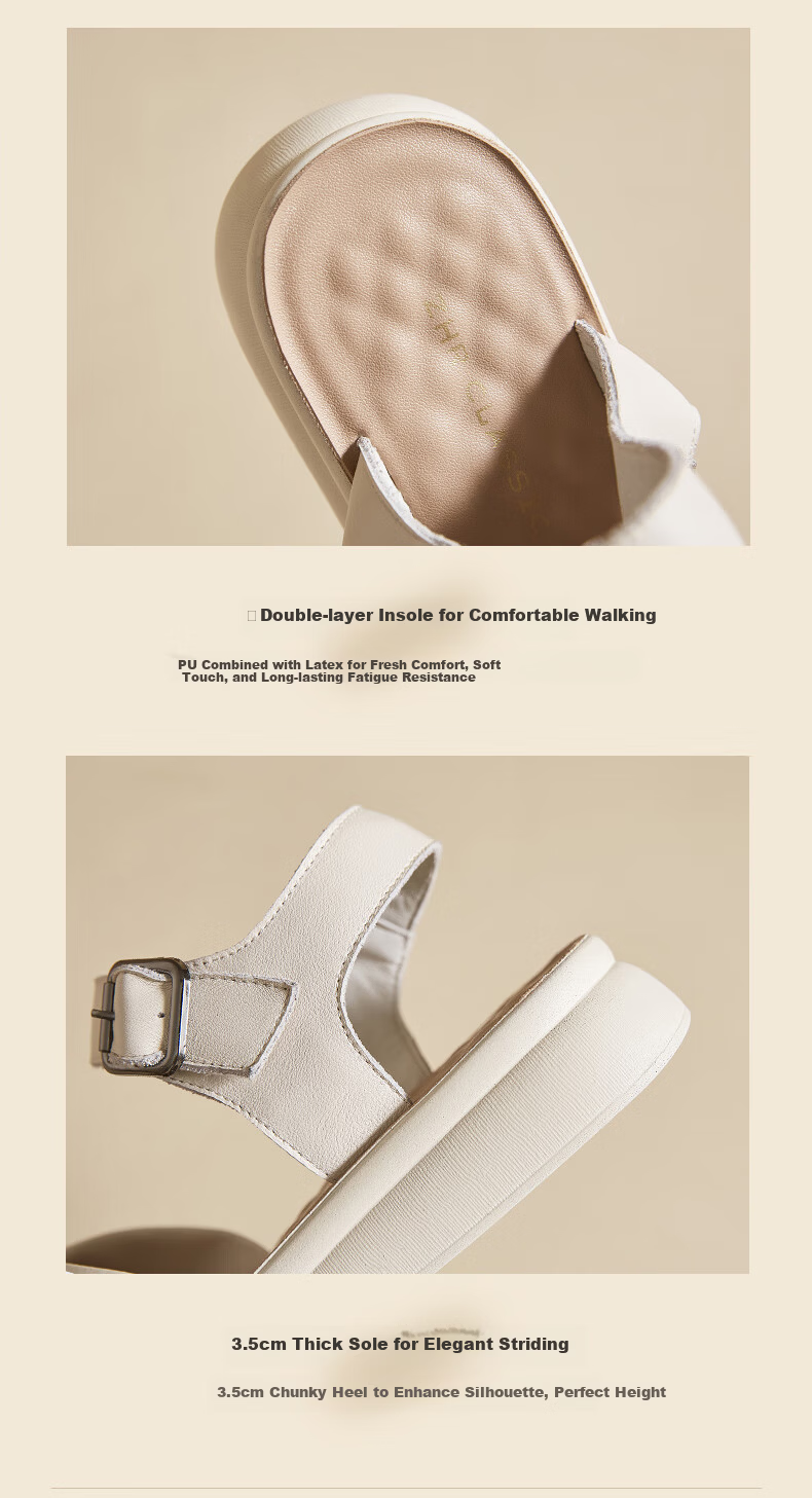 ZHR Zese First Layer Cowhide Thick Sole Sandals Women Summer Breathable Open Toe Comfortable Leather Soft Sole Single Strap Shoes EQ05 Beige Size 36 7