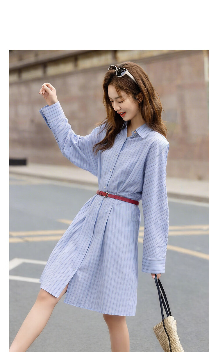 Demana Fresh Cotton Spring Pointed Collar Striped Color-Block Belted Loose Slim Dress for Women Premium Feel 10