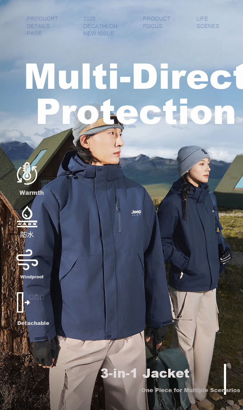 JEEP SPIRIT Unisex 3-in-1 Outdoor Cold-Resistant Warm Jacket Coat Night Purple 2XL 2