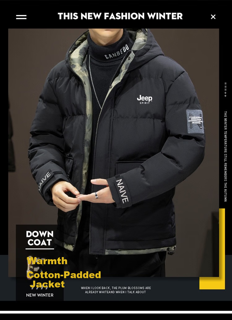 JEEP SPIRIT Men's Cotton Padded Jacket Autumn Winter Thick Warm Hooded Sports Coat Black 2XL 1