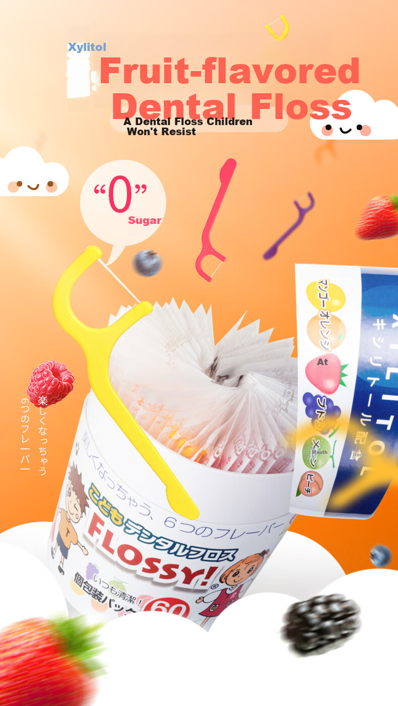 FLOSSY! Japanese Imported Children's Dental Floss Picks, Individually Packaged, Baby-Specific, Xylitol, 6 Fruit Flavors, 60 Pieces 1