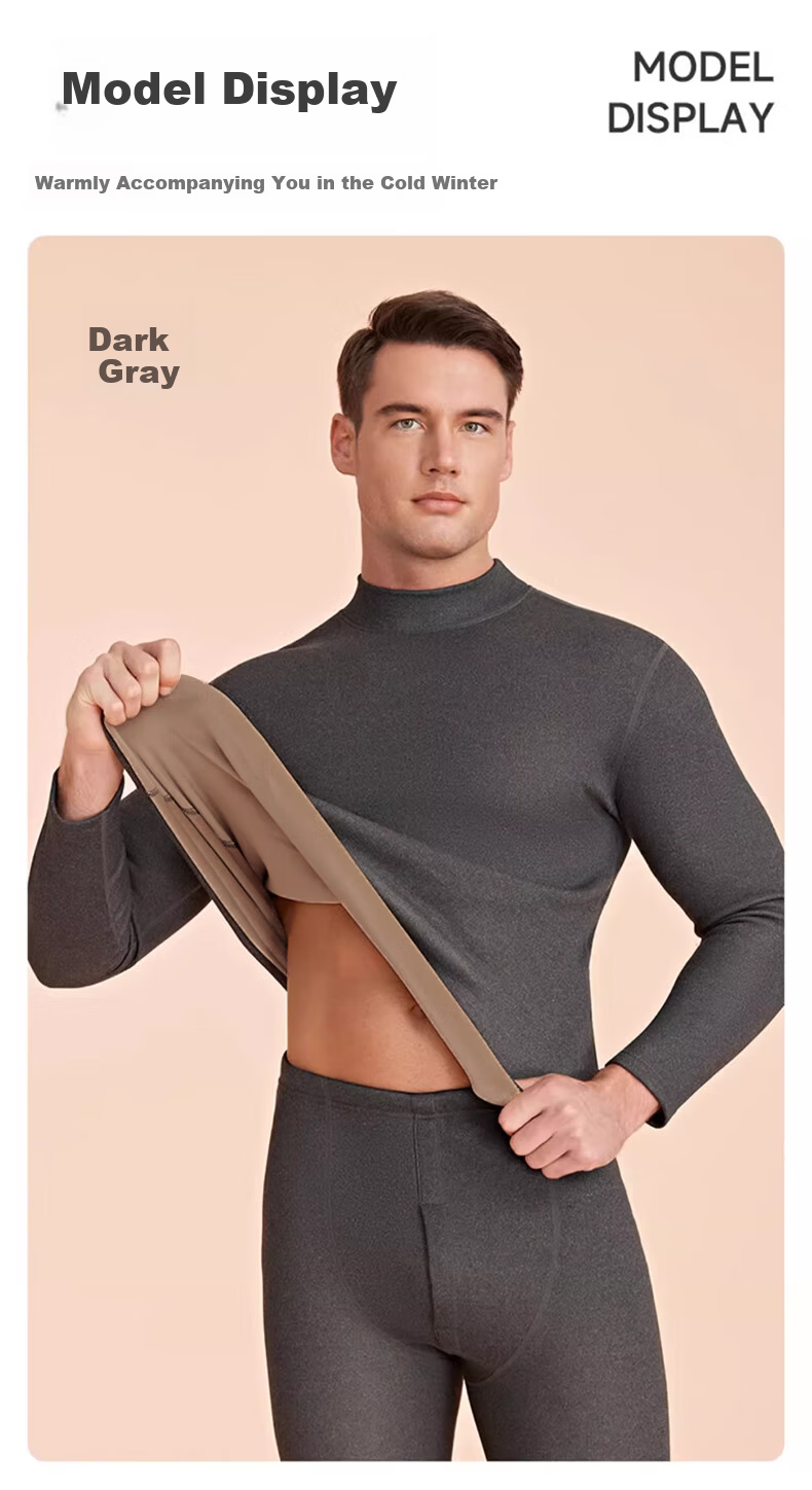 LangSha Men's Thermal Underwear Set Fleece Lined Thickened Lambswool 7A Antibacterial Mite-Resistant Mid-High Collar Windproof Autumn Shirt and Pants Set 16
