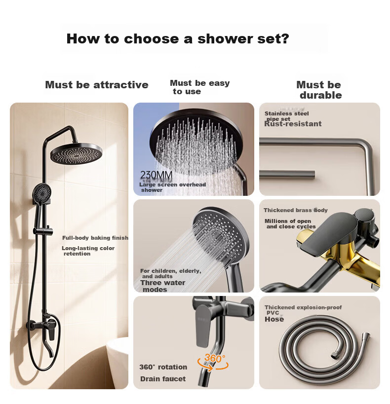 Jingmi Premium Shower Set Brass Body Faucet High-Pressure Shower Head Bathroom Shower System 1