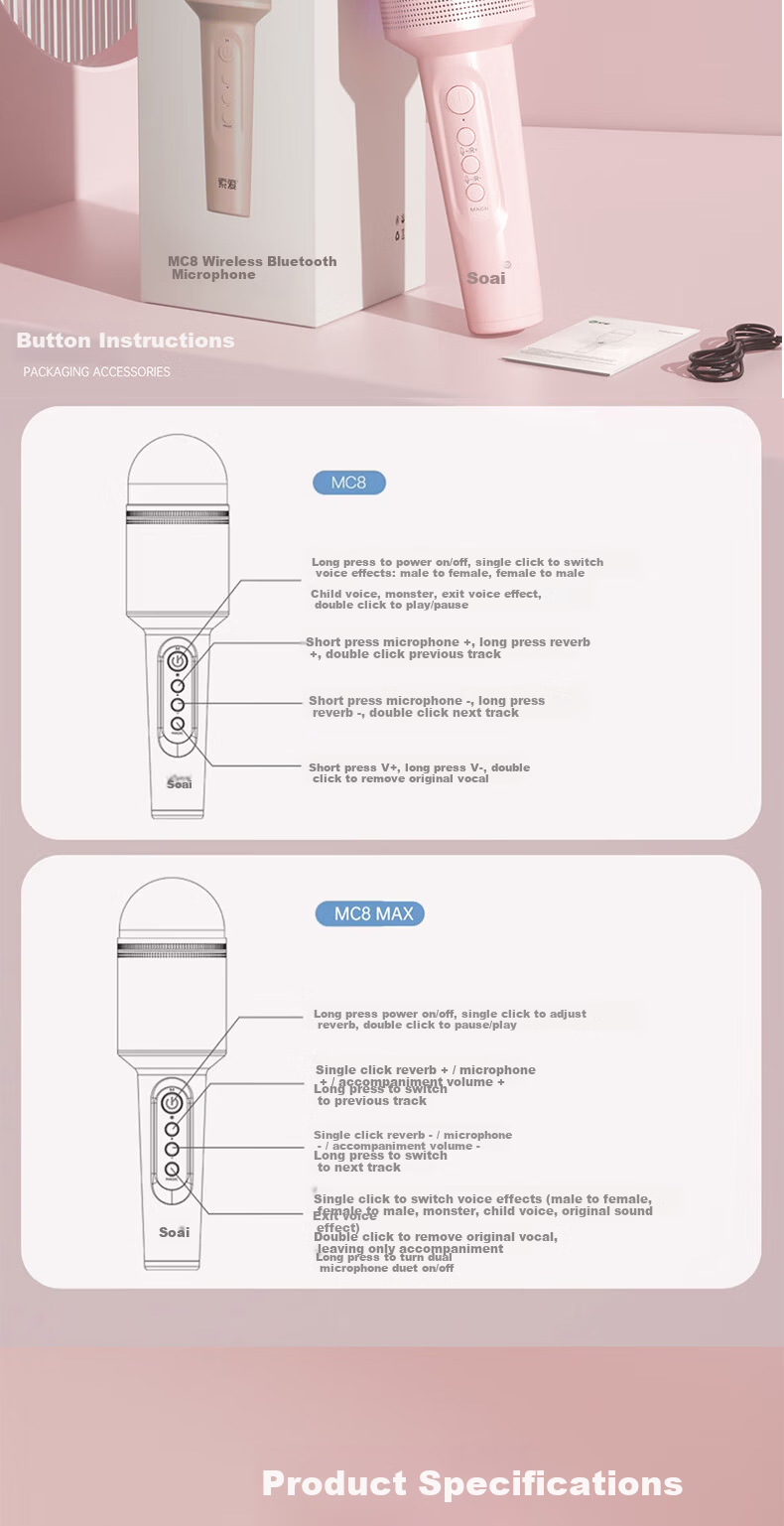 Soaiy Microphone Speaker All-In Wireless Bluetooth Karaoke TV Children's Birthday Gift Portable Handheld Karaoke Microphone for Home Use MC8MAX Pink 11