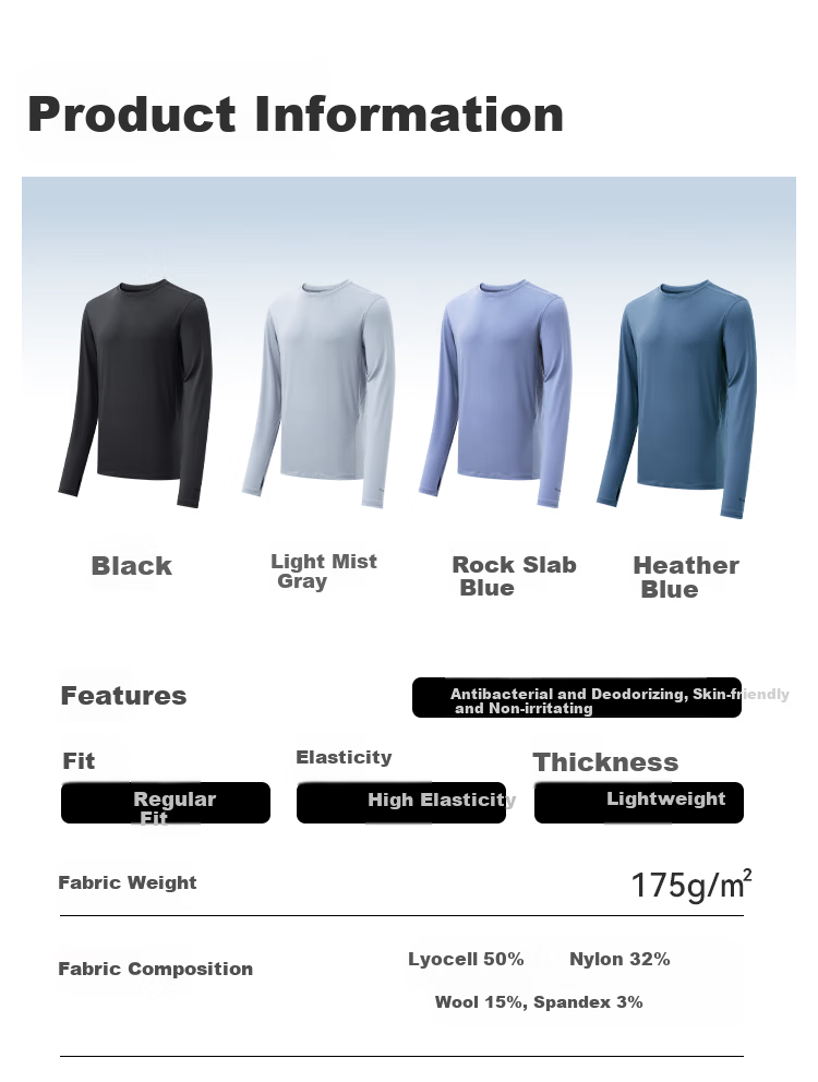JD Jingzao Men's Base Layer Wool Long Sleeve Outdoor Sports T-Shirt High Elasticity Thermal Underwear Heather Blue 3XL 4