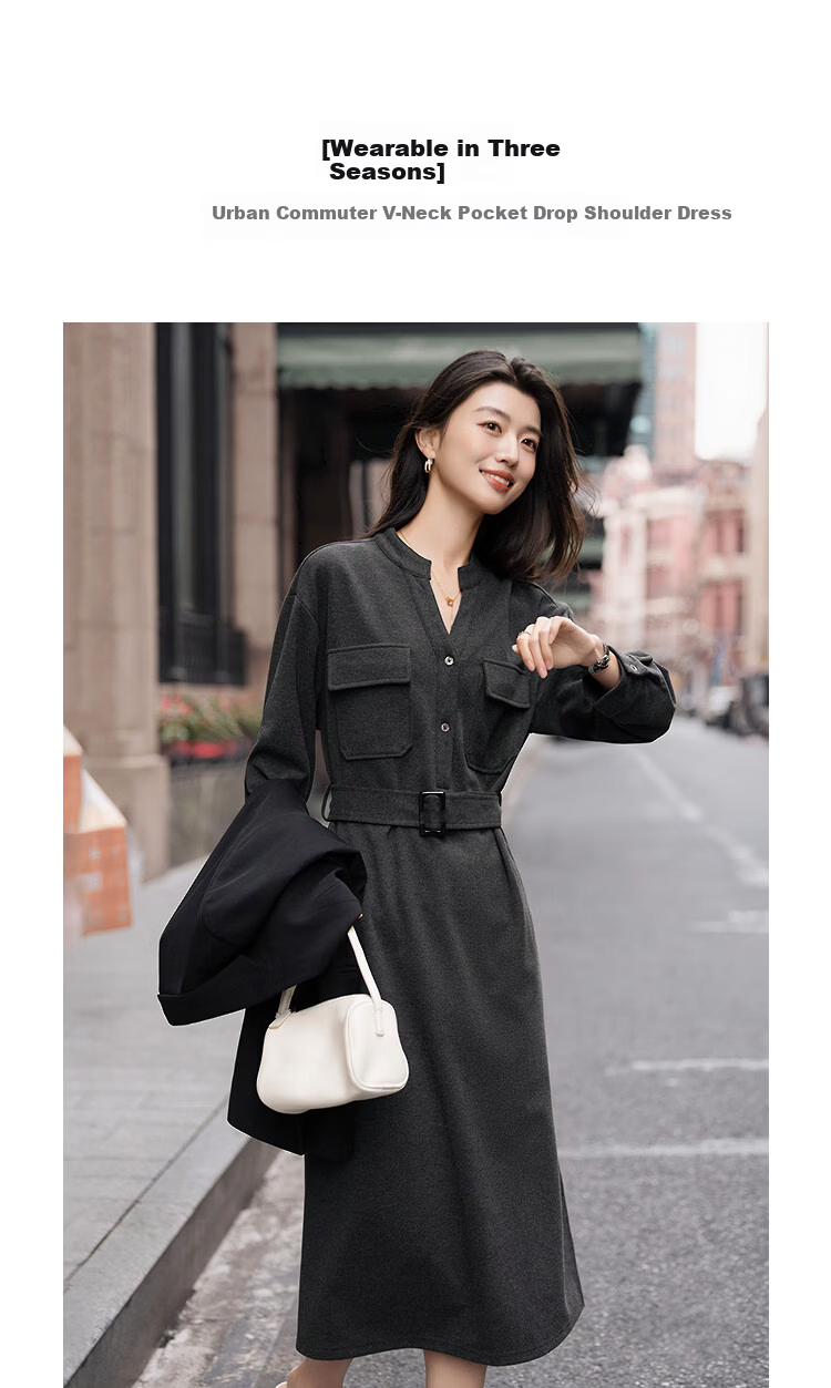 Demana [with Hyaluronic Acid] Spring Urban Commuter V-Neck Half-Placket Pocket Drop Shoulder Loose Women's Knit Dress 5