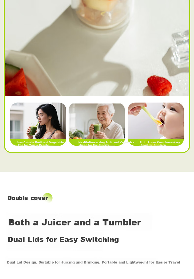GLASSLOCK Double-Layer Juicer Portable Juicer Glass Blender Cup Juice Cup 12-Blade 304 Stainless Steel Ice Crusher 15