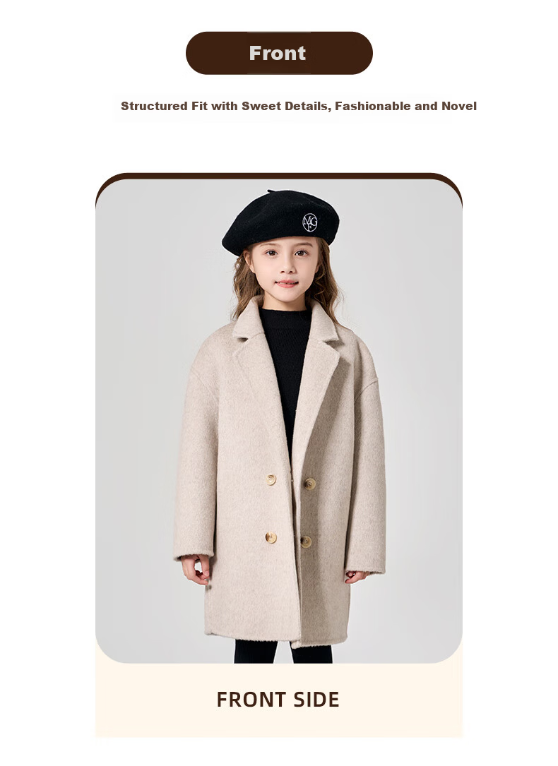 Romon Girls' Double-Sided Wool Coat Autumn Winter Children's Stylish Mid-Length Thick Woolen Jacket Milk Tea White 130 3